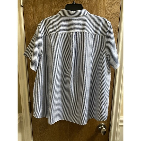 LL Bean Women's Vacationland Seersucker Shirt Short-Sleeve White Blue Stripe 1X - Picture 3 of 10